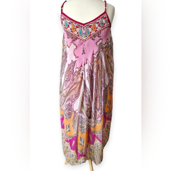 Kas New York Pink Paisley Print Embroidered Chiffon Hanky Hem Maxi Dress Size XL - Picture 9 of 12